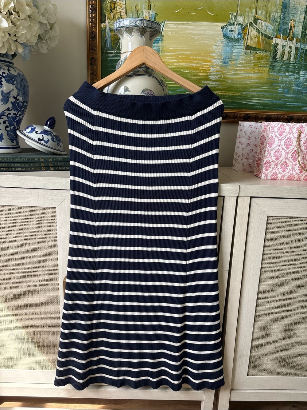 LOFT Navy and White Striped Sweater Knit Maxi Skirt - Picture 2 of 5